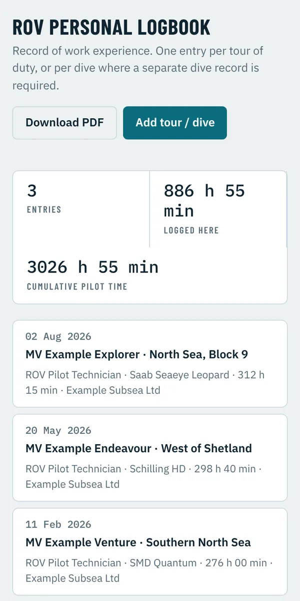 ROV logbook showing three tours and cumulative pilot time